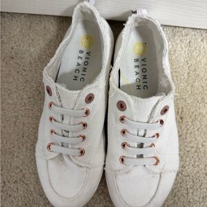 Vionic White Canvas Slip-On Sneakers with Rose Gold Eyelets